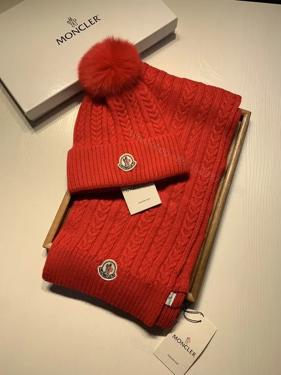 View 3 of Bold Red Cable Knit Beanie + Scarf Set by Moncler, Unisex Premium Knit