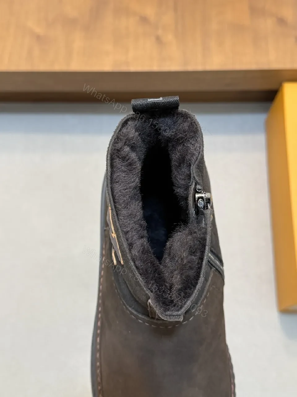 View 7 of Textured Suede Chelsea Boot with Monogram Accent, Shearling Interior