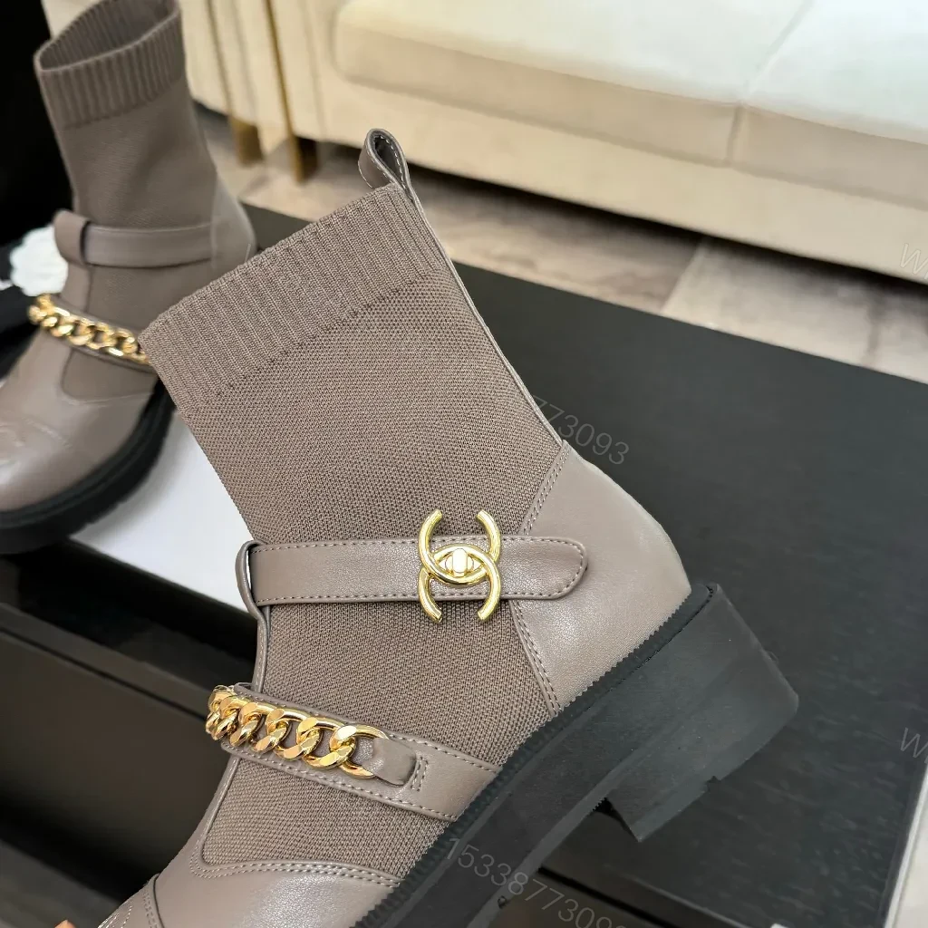 View 4 of Taupe Knit Sock-Ankle Boots with Leather Accents and Gold Chain