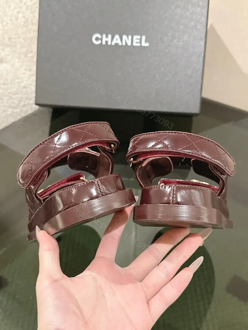 View 2 of Velvet Burgundy Sandals with Gold Hardware, Luxe Style