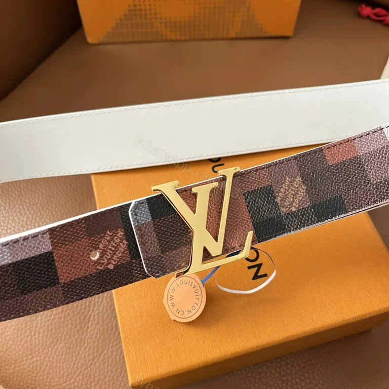 View 3 of Statement Pattern Leather Belt with LV Buckle - Luxury Brown/Black Belt