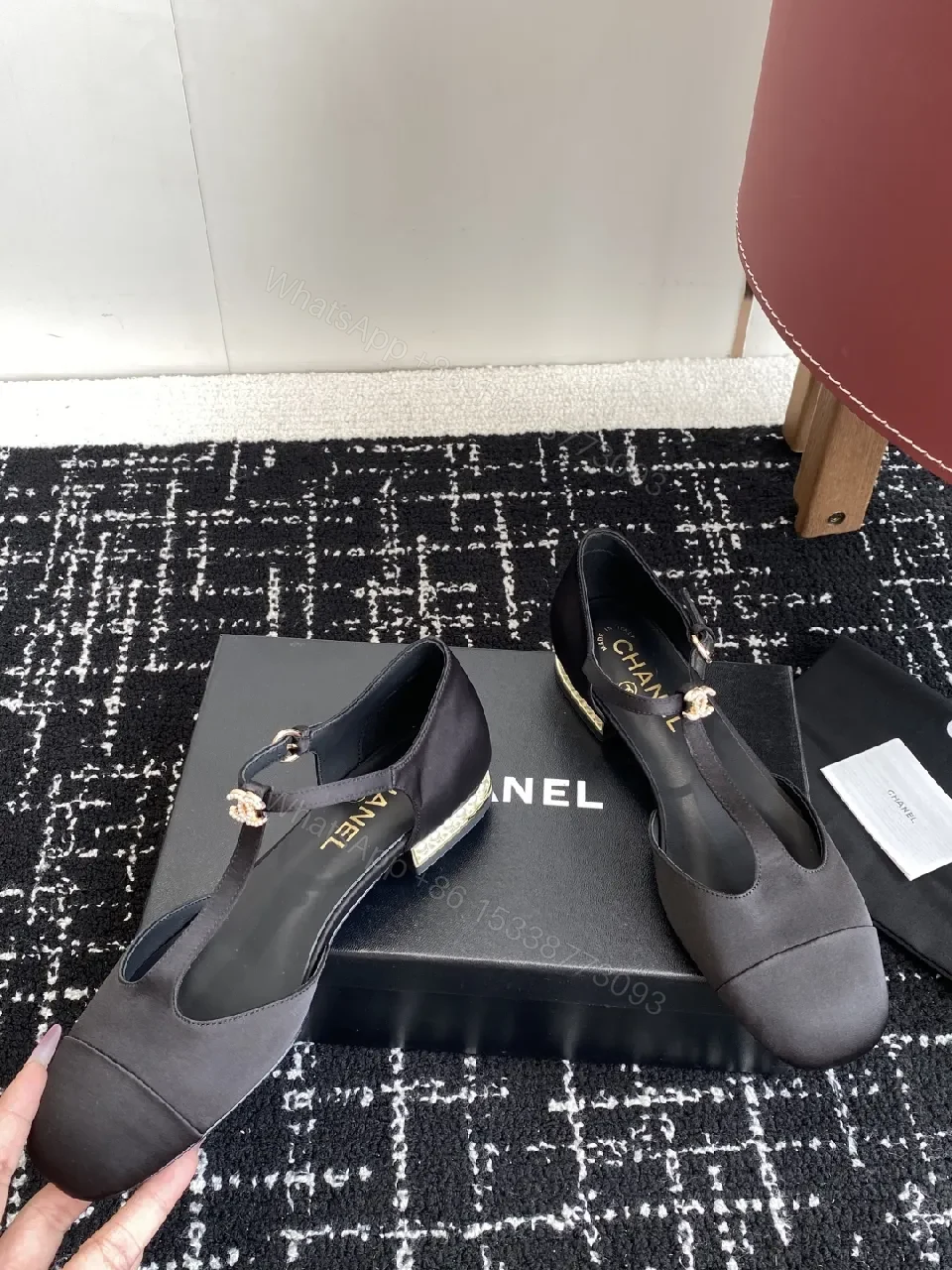 View 9 of Black Satin Mary-Jane Heels with Gold Signature Hardware
