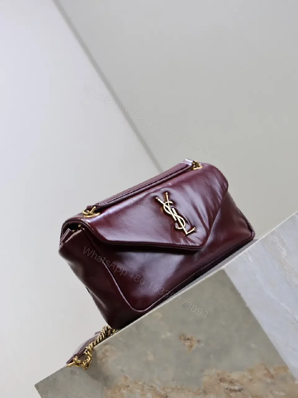 View 10 of Burgundy Calfskin Compact Shoulder Bag with Gold Hardware