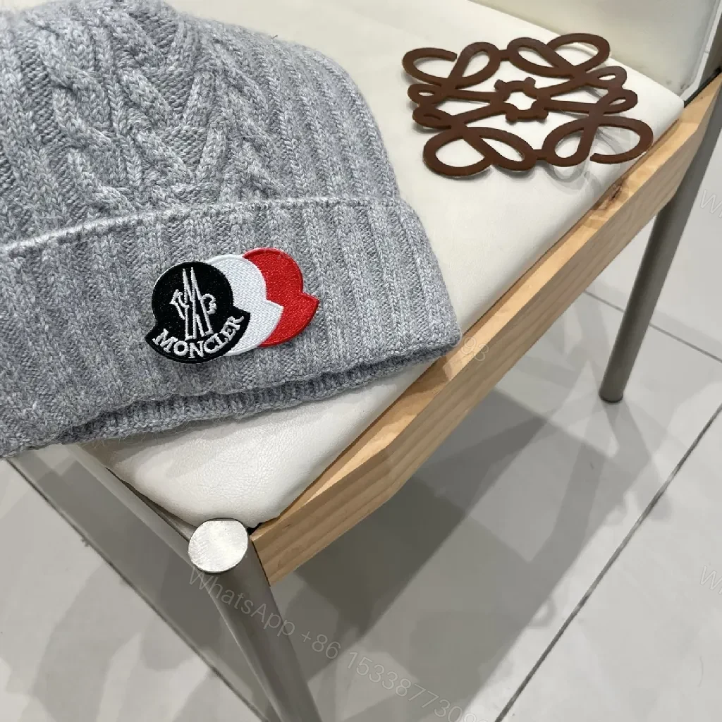 View 4 of Grey Cable Knit Beanie - Moncler-Style Logo Knit Cap