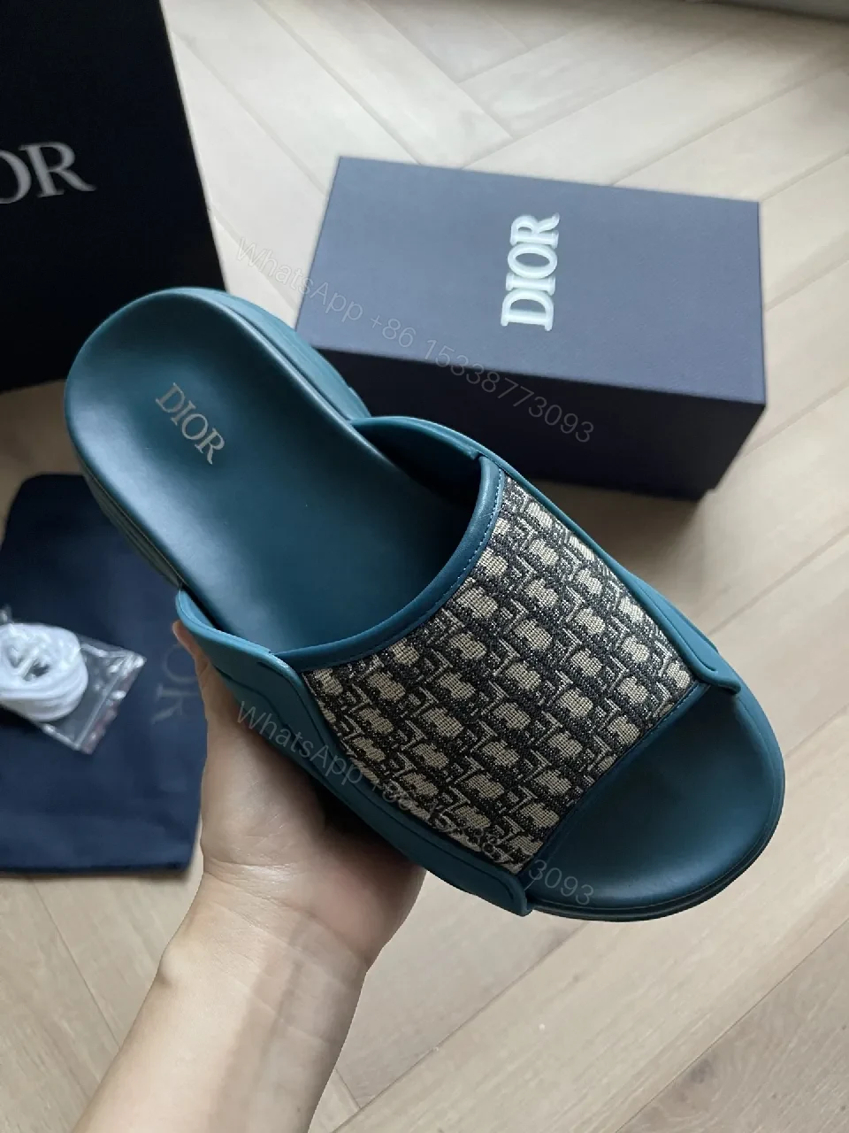 View 8 of Teal-Monogram Textile Slides: Luxe Comfort Footbed