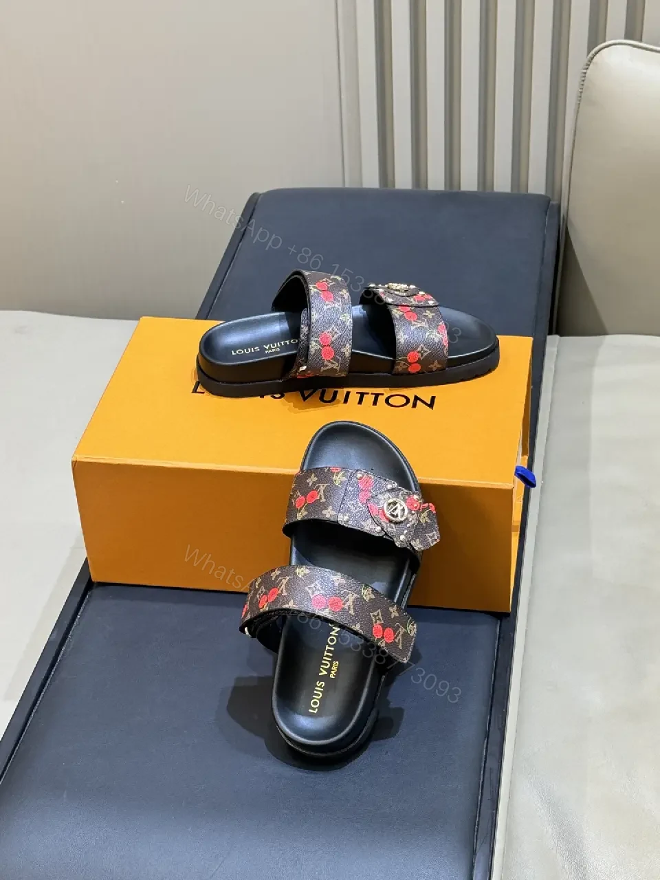 View 7 of Black Monogram Leather Sandals Signature Strap Louis Vuitton Slide Slides