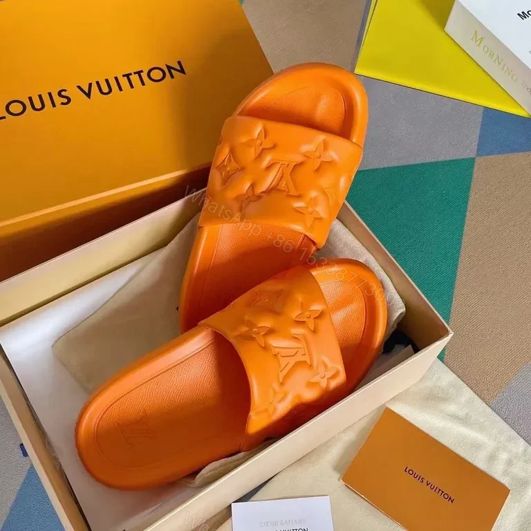 View 3 of Bold Monogram Slides: Orange LV Luxury Comfort Slides