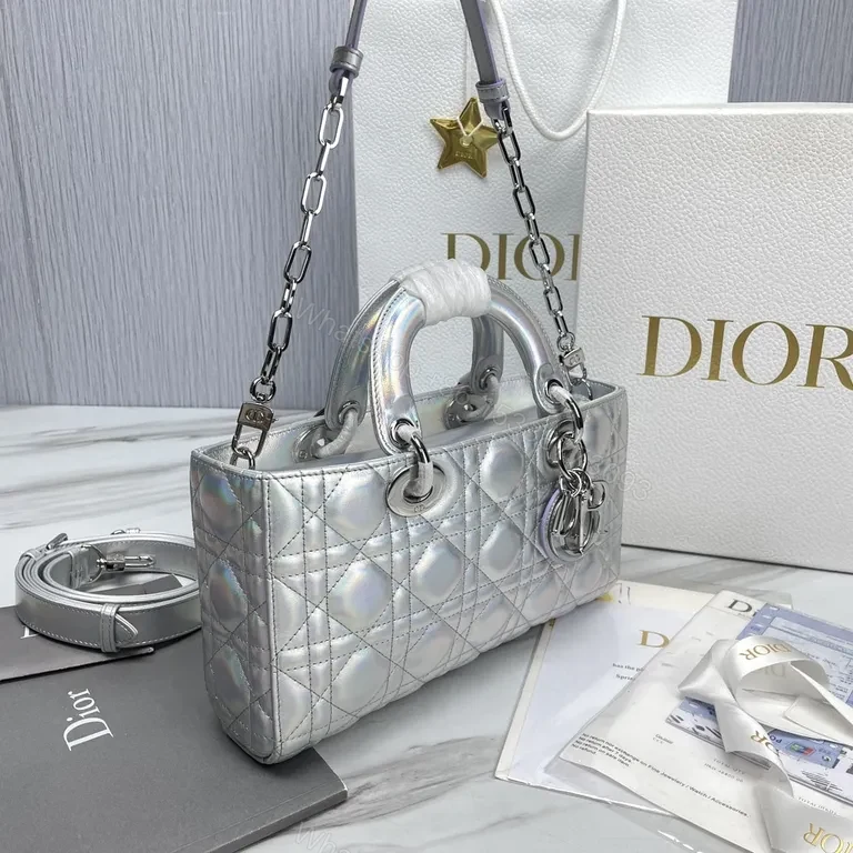 View 6 of Iridescent Quilted Dior-Inspired Bag: Silver Shine Luxury Tote