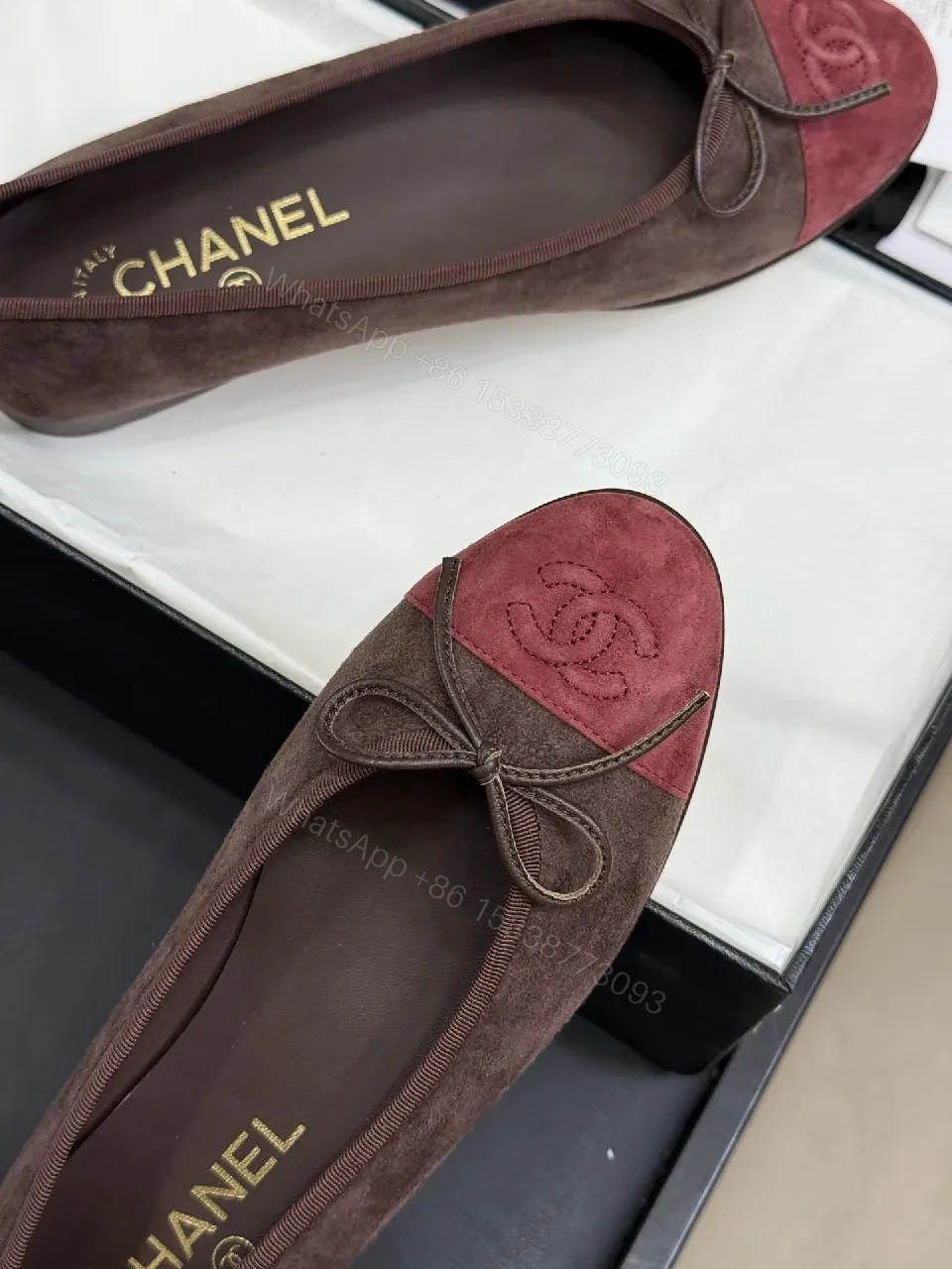 View 5 of Two-Tone Burgundy Suede Ballet Flats with Bow and Embossed Toe