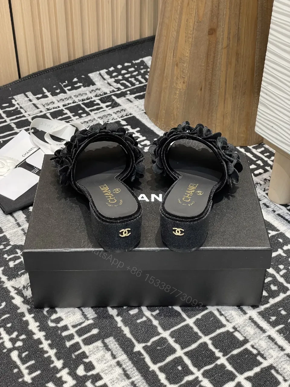 View 3 of Velvet Petal Slip-Ons: Black Crystal-Embellished Slides