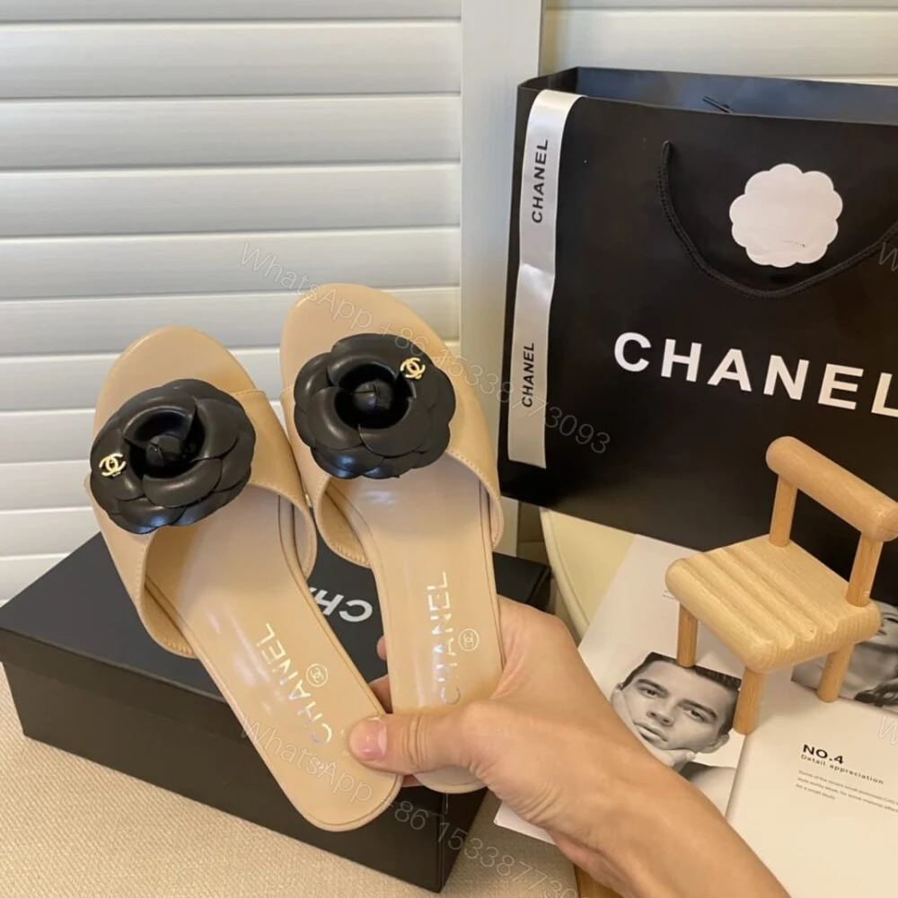View 5 of Chanel Black Camellia Slides Beige