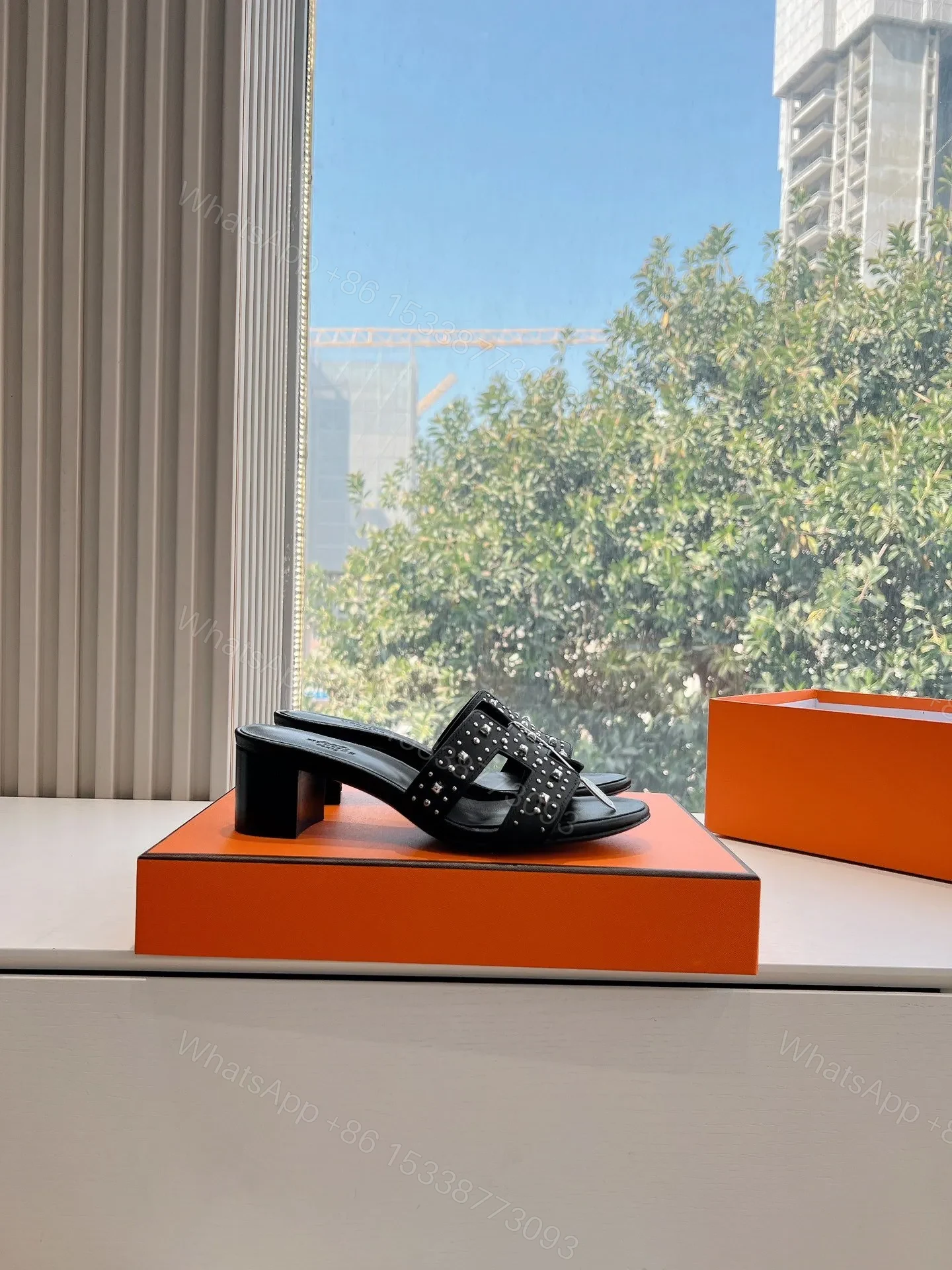 View 2 of Hermes Women Black Leather Studded Mules