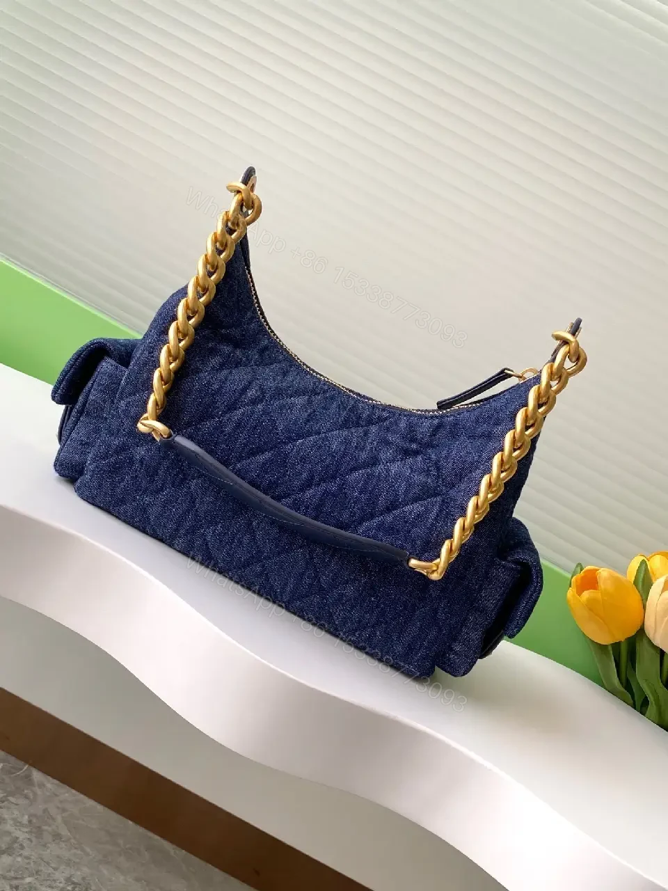 View 9 of Denim-Texture Luxe Shoulder Bag with Gold Hardware