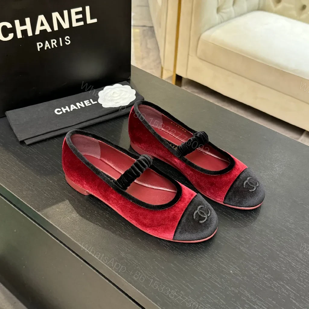 Red Velvet Ballet Flats with Black Cap Toe, Velvet Detail, Signature Embellishment — view 1