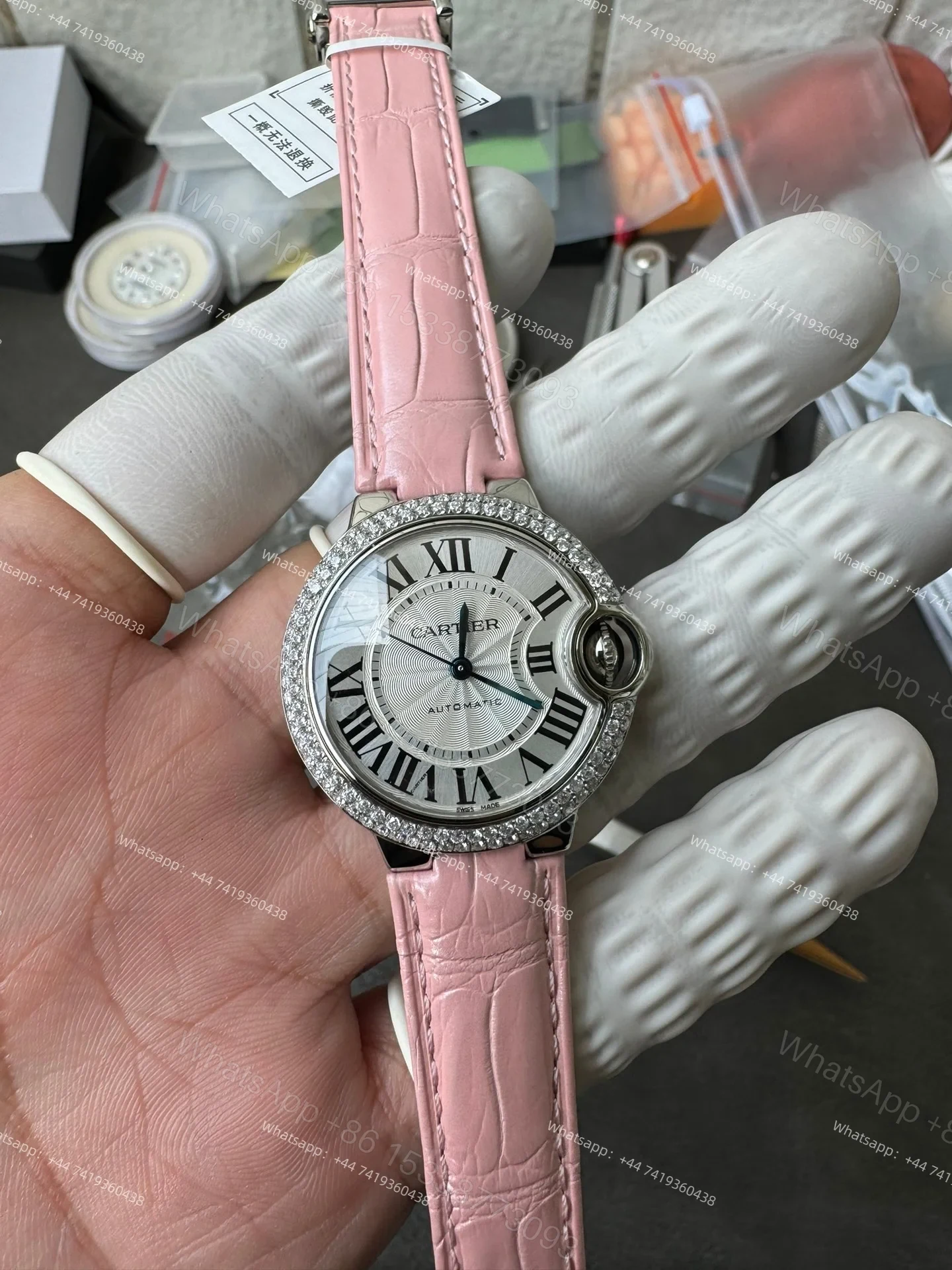 View 2 of Cartier Super Clone Ballon Bleu Diamond Bezel 33MM Pink Leather Strap