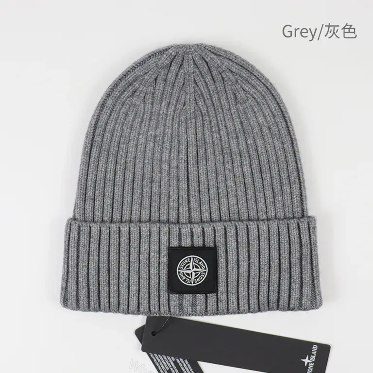 Cozy Knit Beanie: Grey Wool-Blend, Minimalist, Signature Patch, Stone Island — view 1