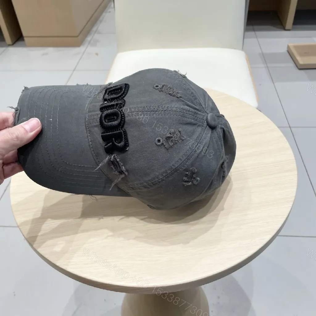 View 9 of Charcoal Cotton Distressed Cap: Dior-Inspired Monogram Edge