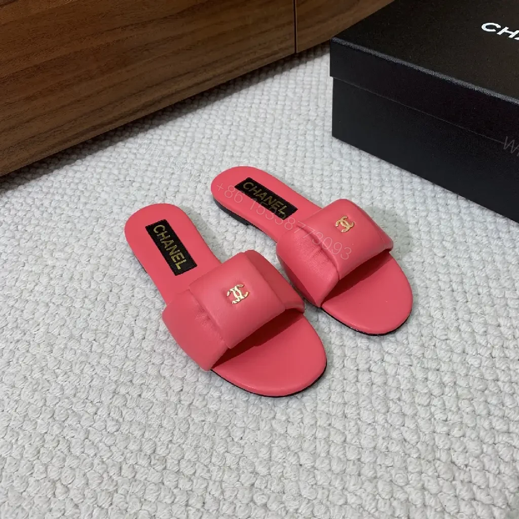 View 10 of Pink Leather Slide Sandals Gold Chanel Logo Slipper Style Bow Accent Sandal