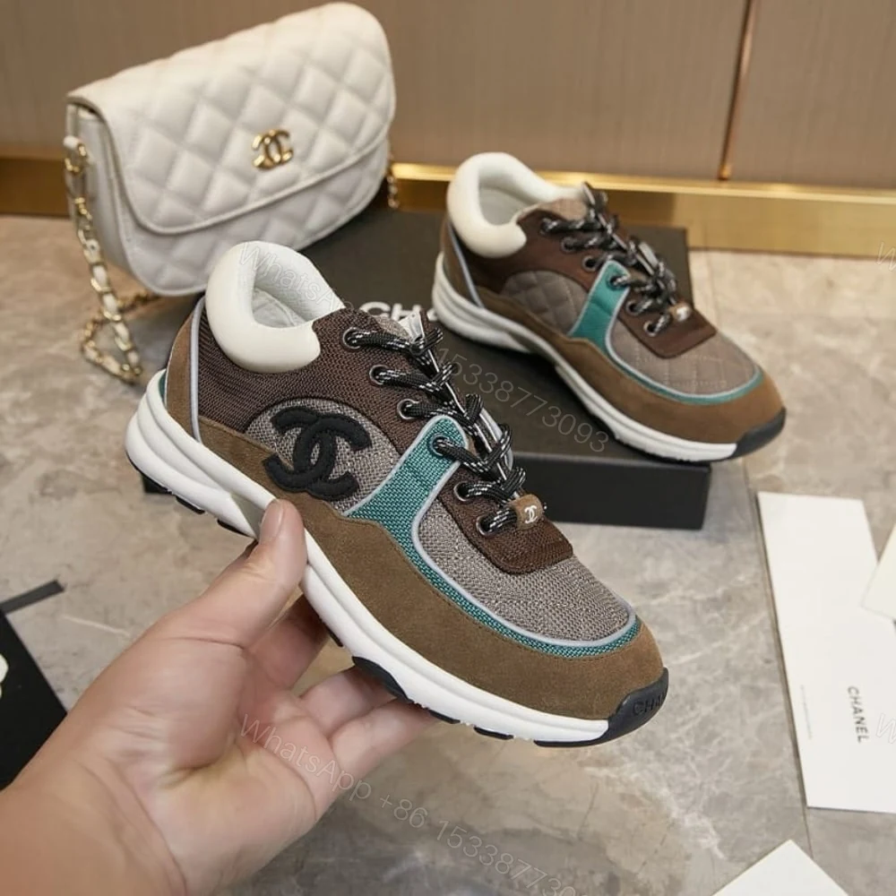 View 5 of Chanel CC Logo Low Top Trainer Sneakers Brown And White