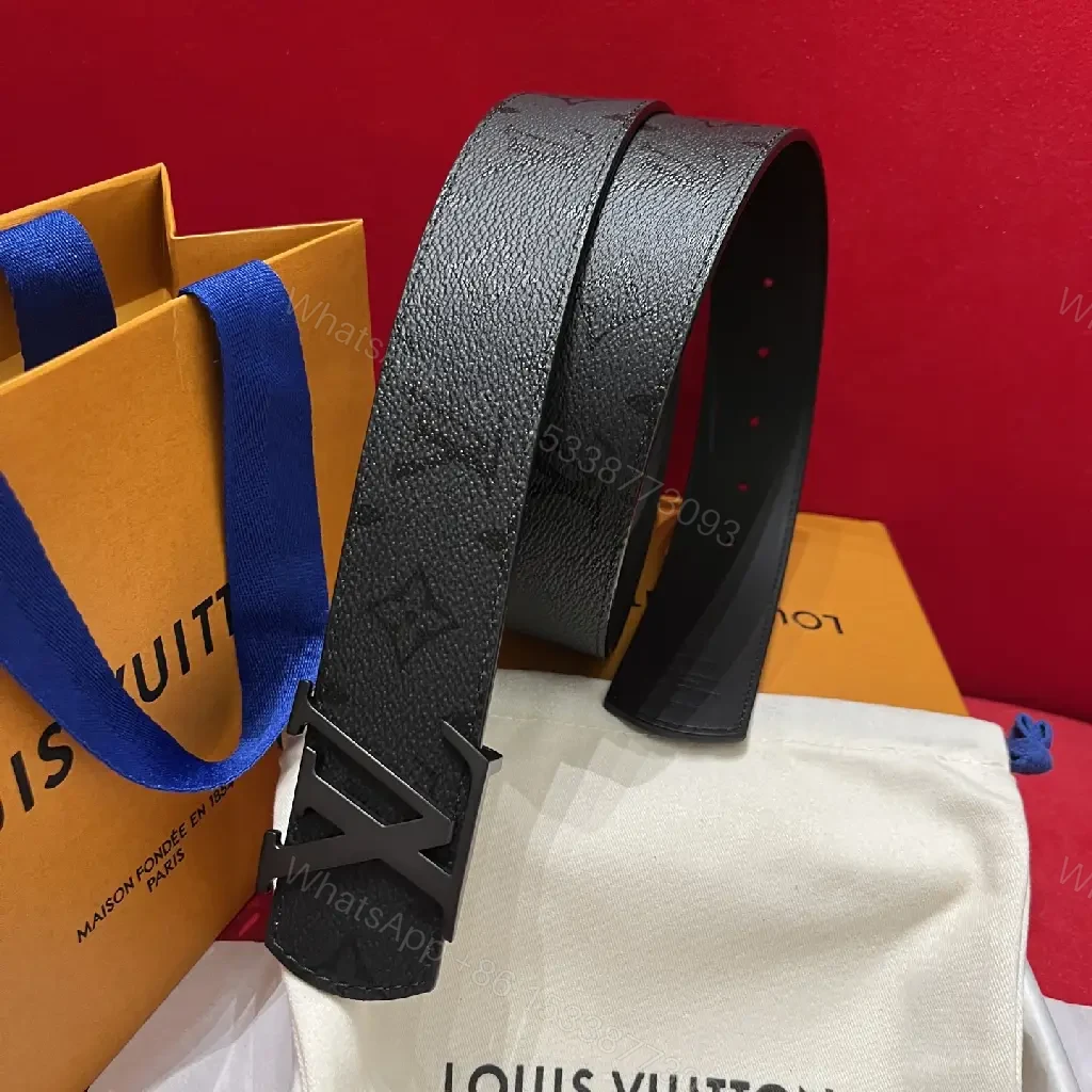View 3 of Black Leather Belt with Bold Gunmetal LV Buckle Set