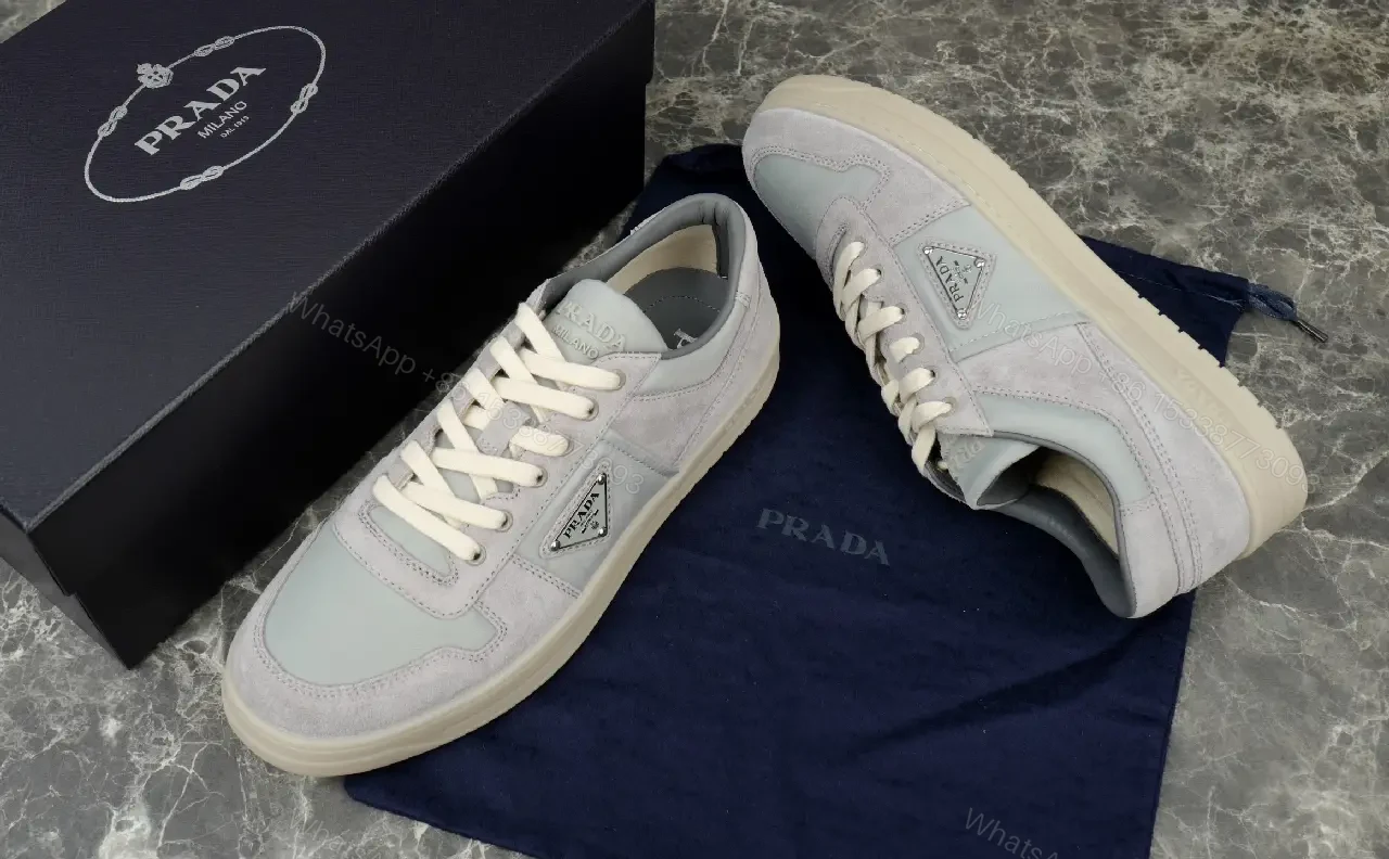 View 3 of White Leather Suede Low-Top Sneaker with Prada Logo Cardboard Mountain Crest