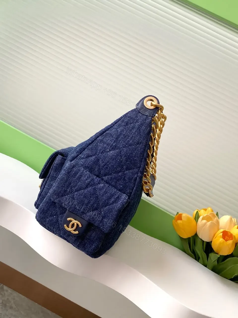 View 2 of Denim Texture Shoulder Bag with Gold Hardware, Luxe Style