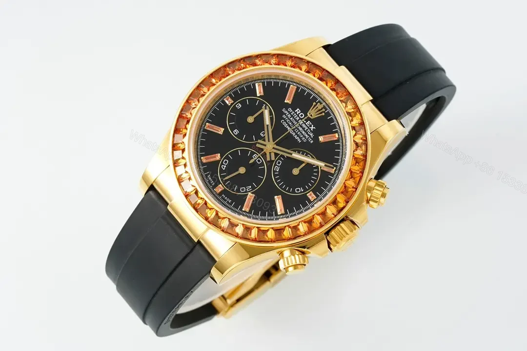 View 2 of Premium Rolex Daytona Orange Sapphire Gold replica 40MM Black Rubber Strap EditionRG-DAYTONA-ORANGE-SAPPHIRE-GOLD-RUBBER-40