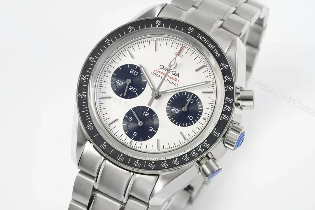 View 3 of Omega Speedmaster Professional Chronograph Watch White Dial Black Sub dials Stainless Steel Bracelet 44mm Case Automatic Caliber 9300 Dual Curved Sapphire Crystal