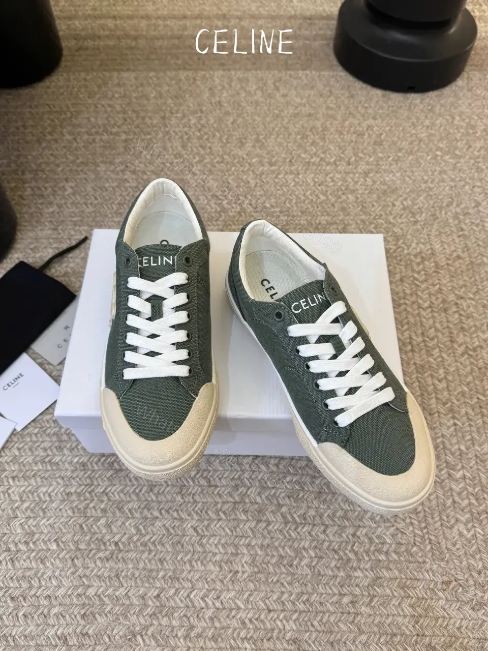 View 6 of Olive Green Canvas Sneakers White Rubber Sole Celine Style Comfort Fit Product Type: Sneakers