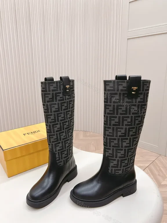 View 3 of Bold Leather Knee-High Boots: Textured Logo Jacquard Style