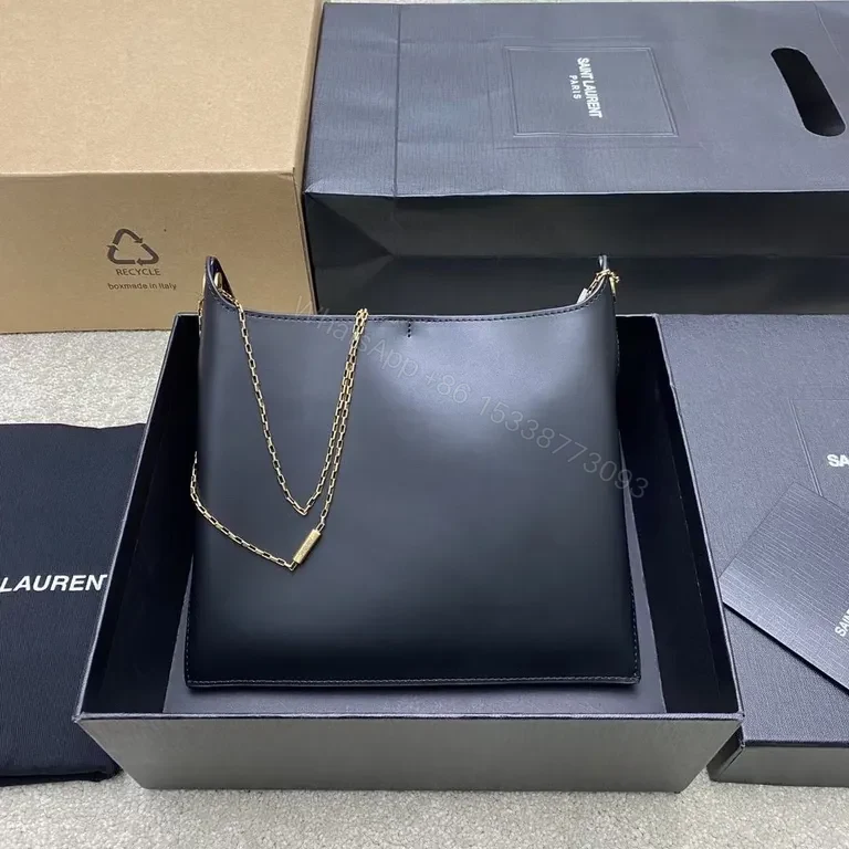 View 2 of Gold-Accent Minimal Leather Bag: Structured Saint Laurent Style