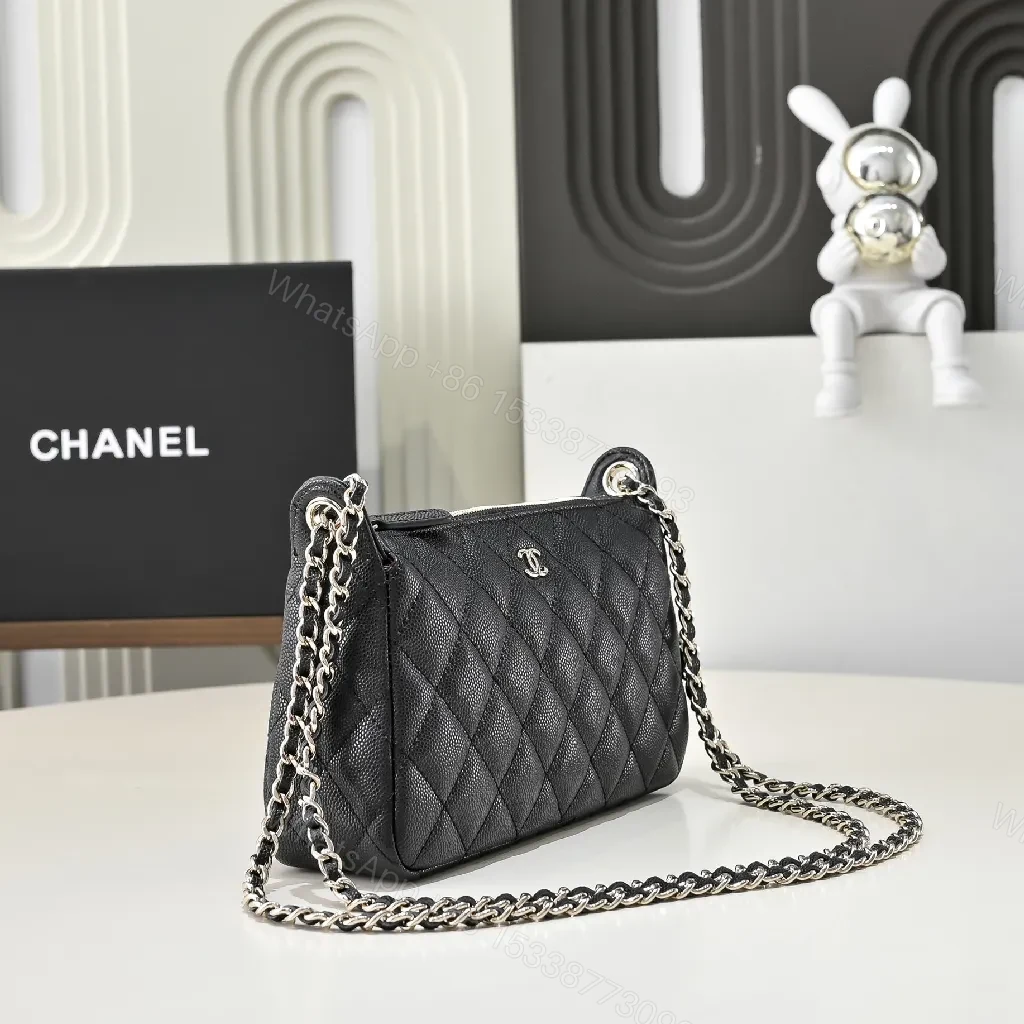 View 8 of Black Quilted Crossbody with Chain, Luxury Compact Bag