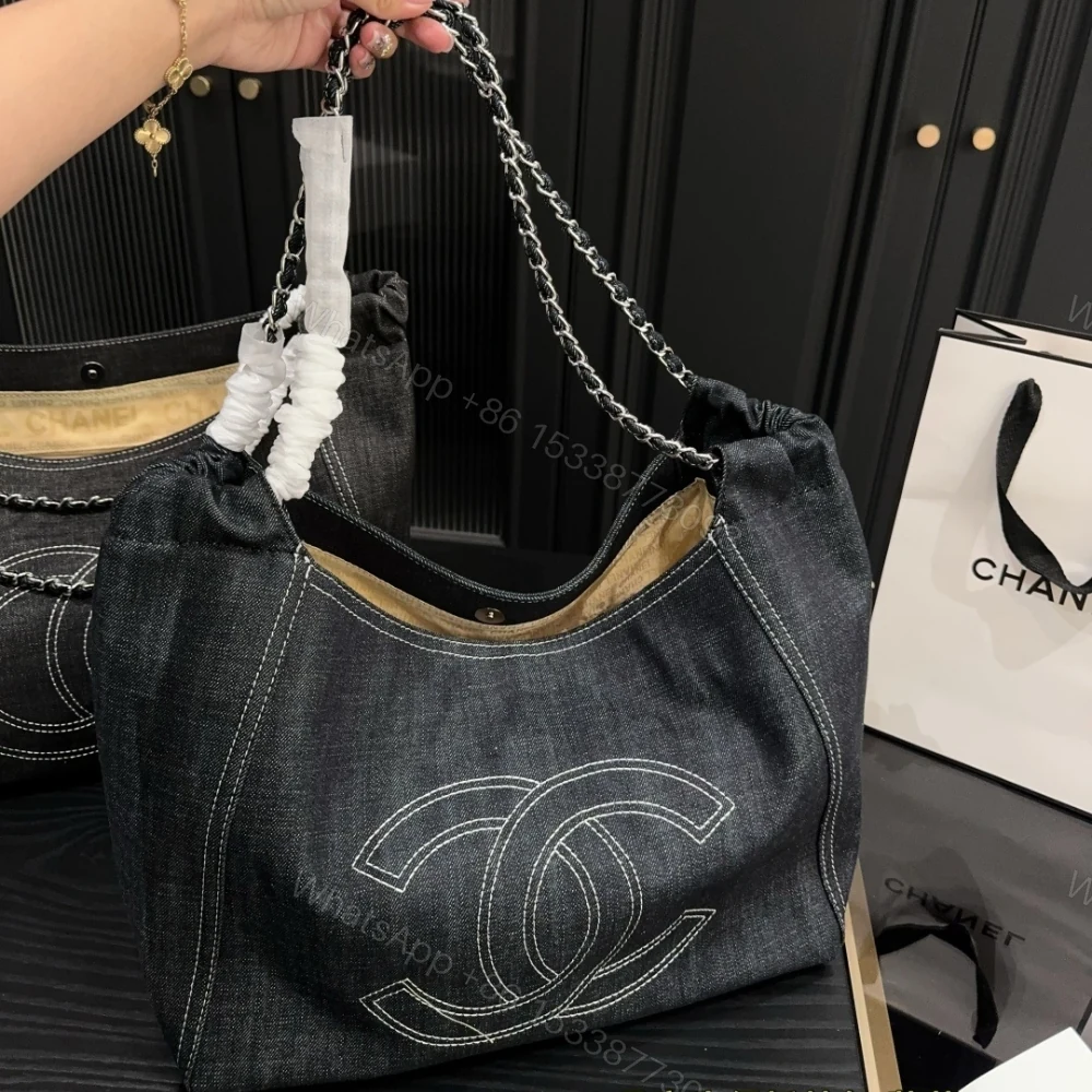 View 5 of Chanel Large Tote Bag Black Denim Chain Strap 36Cm