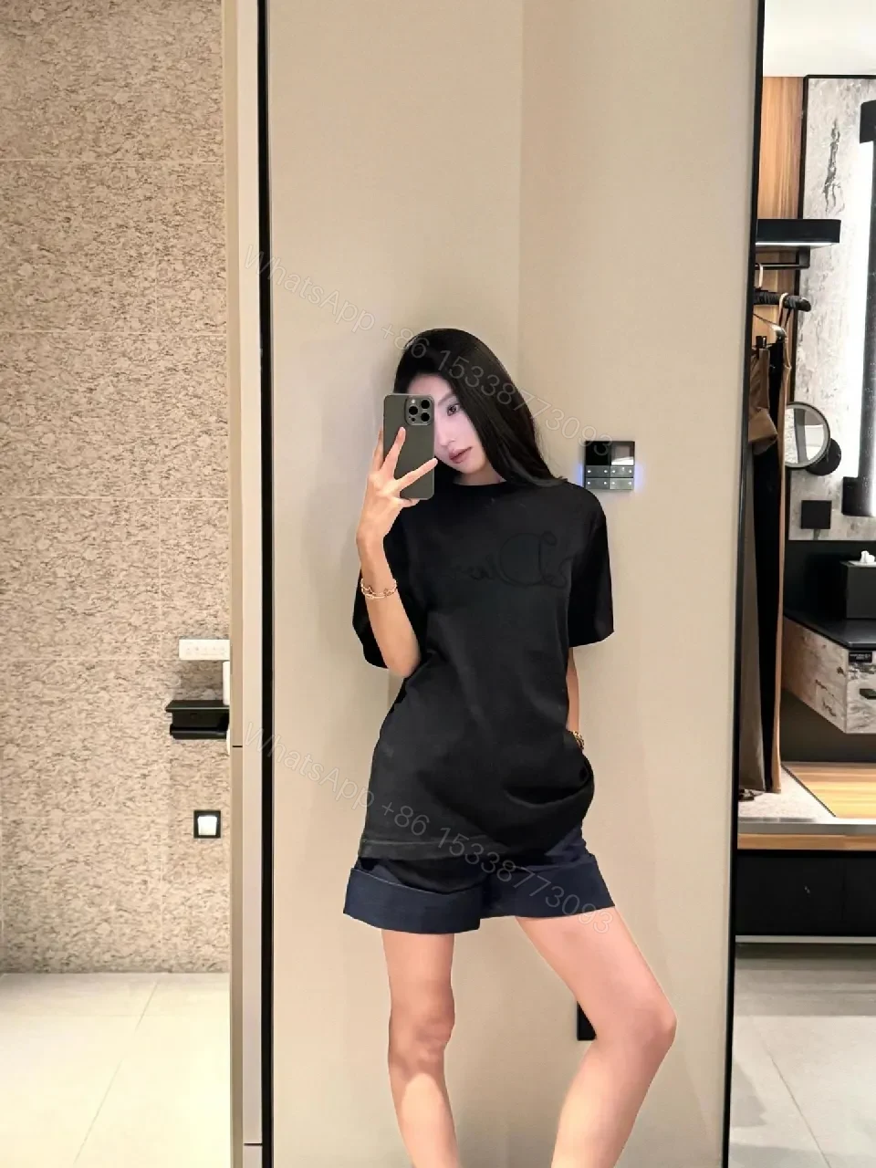 View 2 of Charcoal Black Cotton Blend Tee Dress with Subtle Embroidery
