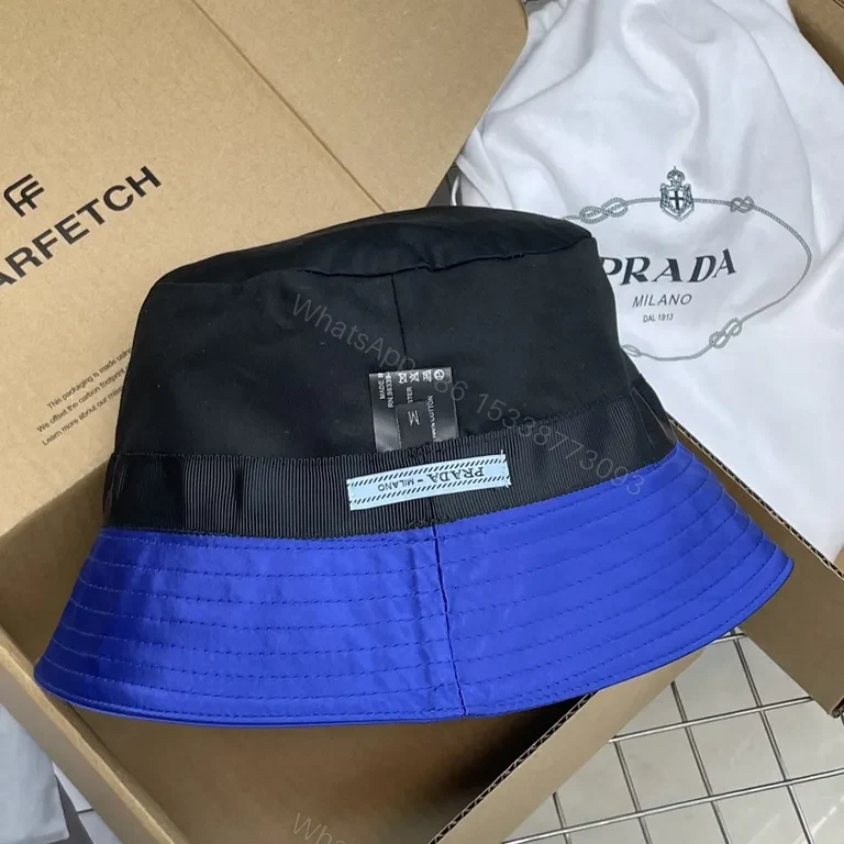 View 4 of Bold Cobalt Blue Nylon Bucket Hat â€“ Luxe Satin Finish, Prada Patch