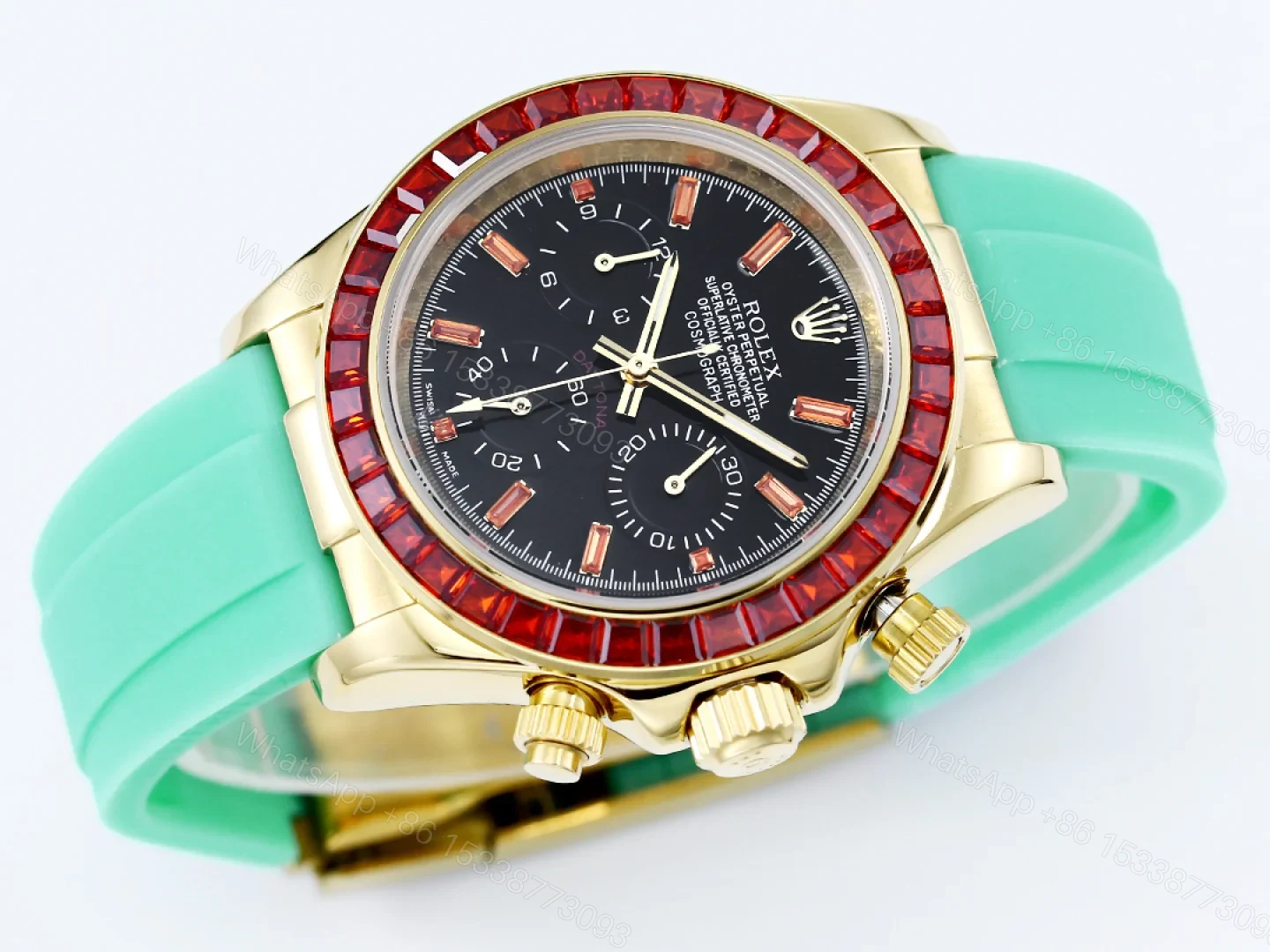 View 3 of Rolex Daytona Ruby Mint Strap Replica 43MM Exclusive Gold Case Edition RG-ROLEX-DAYTONA-RUBY-MINT-43