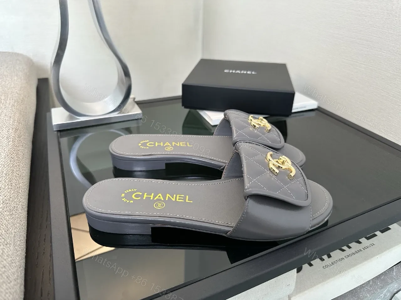 View 6 of Quilted Leather Slides with Gold Logo – Luxe Comfort