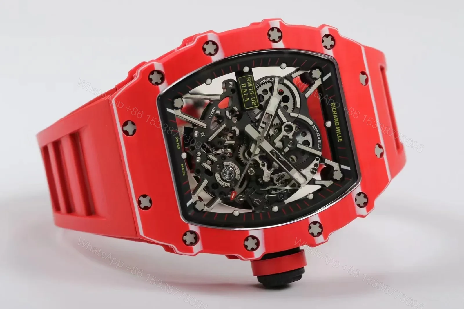 View 3 of Richard Mille RM35-02 Automatic Skeleton Watch Red Carbon Fiber Case Red Strap RMAL1 Movement White Gemstone Shock Absorber Premium Edition RM-RM35-02-RED-RED-SKL