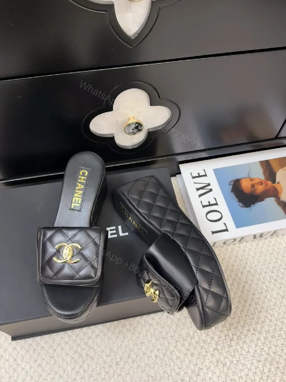 View 6 of Quilted Leather Slides with Gold Logo Sandals