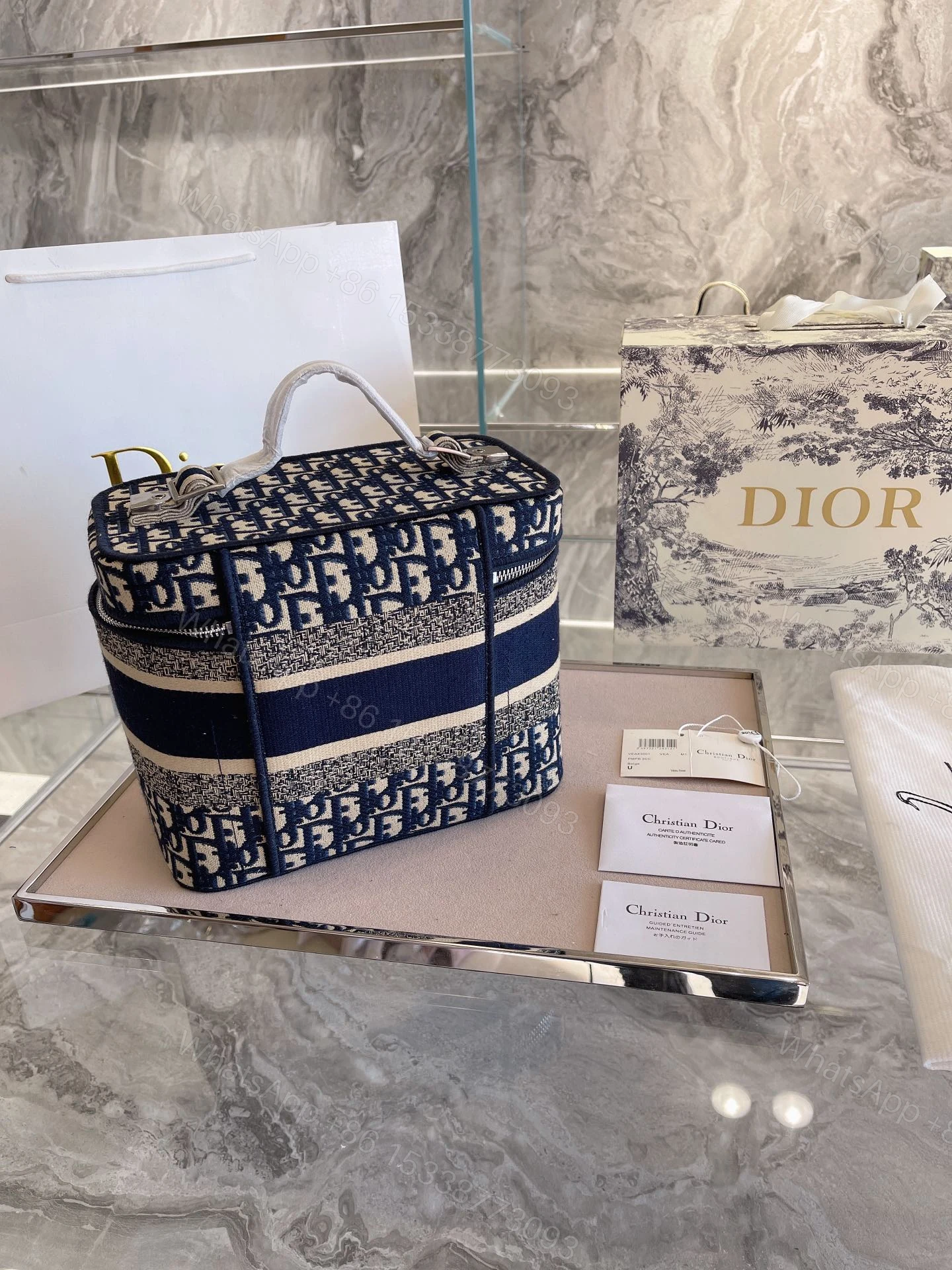 View 7 of Dior – Diortravel Vanity Case Blue Dior Oblique Embroidered Velvet – Women