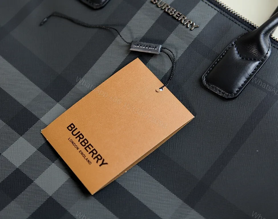 View 7 of Navy Burberry Check Tote: Leather-Trim Structured City Bag