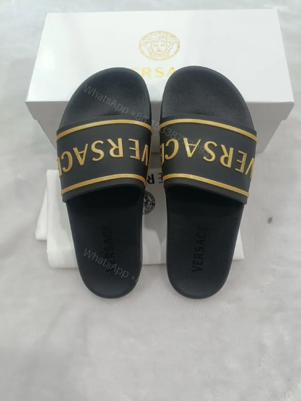 View 7 of Patterned Strap Slides with Gold Accent, Luxe Comfort Sandals