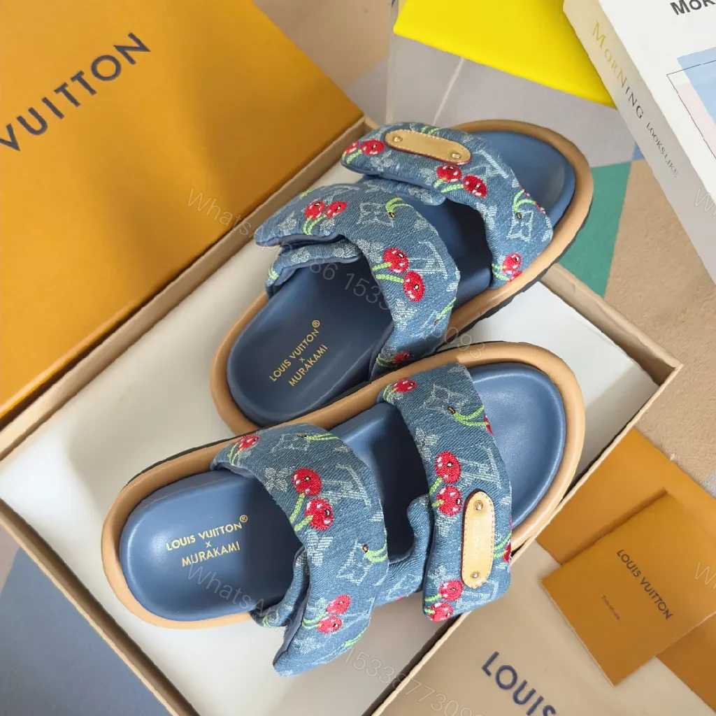 View 3 of Denim Cherry-Embroidered Slides: Playful Luxury Sandals