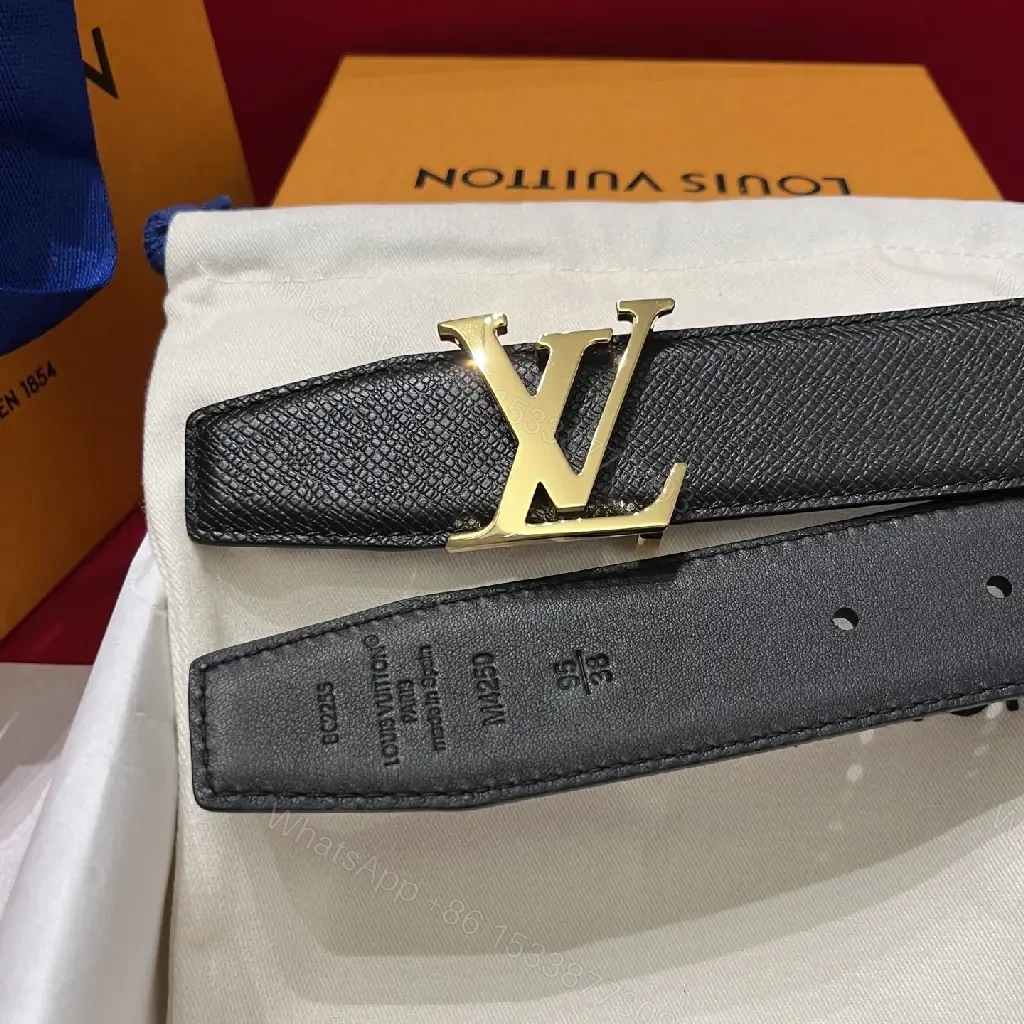 View 10 of Black Leather Belt with Silver LV Logo Buckle, Classic Pebbled Texture