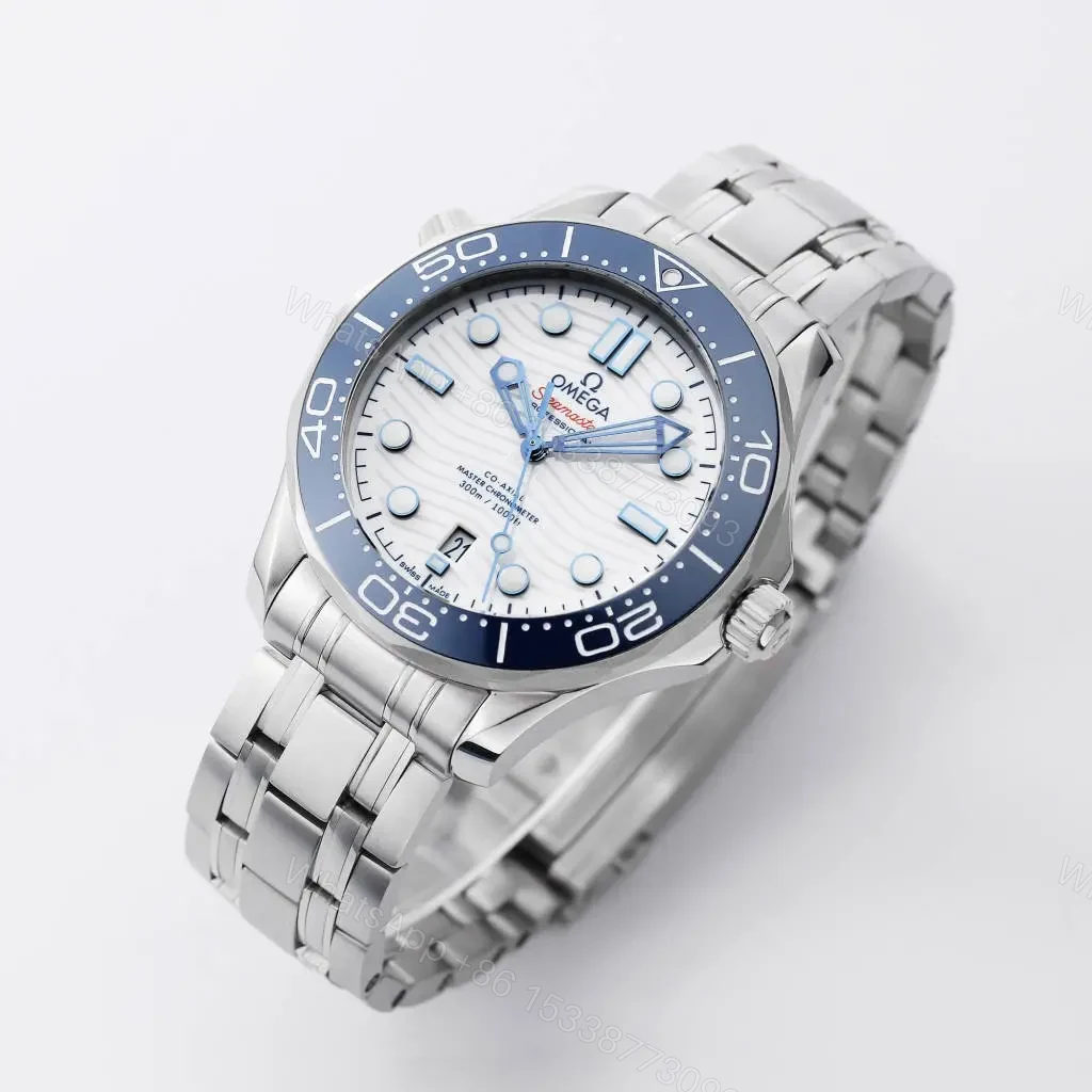 View 2 of Omega Seamaster 300M Replica Watch White Dial Blue Bezel 42mm Stainless Steel Case and Bracelet Custom 8800 Movement