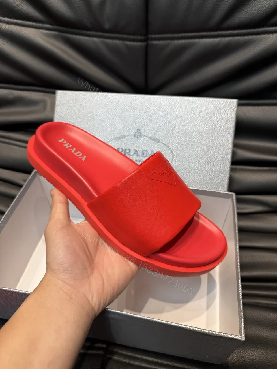 View 6 of Red Leather Minimalist Slides with Comfort-First Footbed