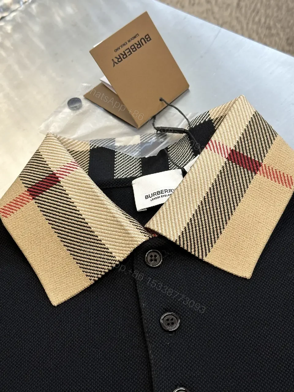 View 4 of Textured Knit Polo with Plaid Collar, All-Season Luxury polo