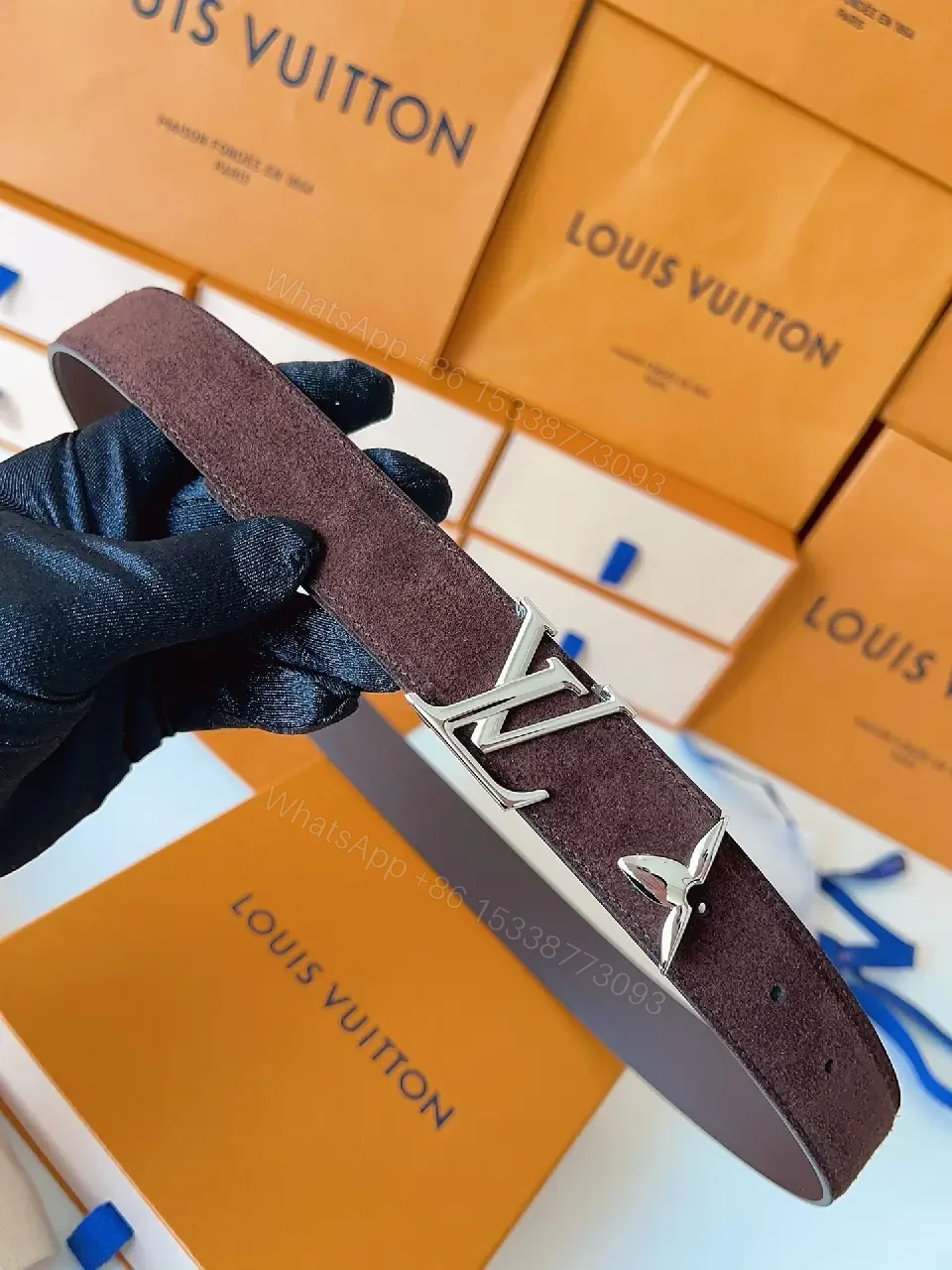 View 7 of Textured Leather Belt with Gold LV Buckle - Luxury Accessory Belt