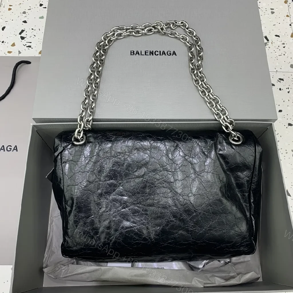 View 8 of Chic Black Lambskin Bag with Silver Chain Strap - Night Out