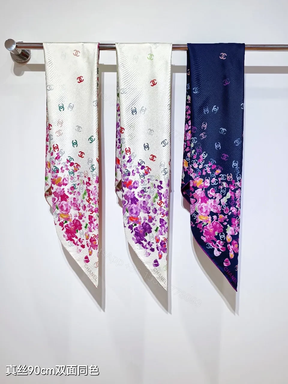 View 9 of Purple Silk Scarf: Floral Frame, Subtle Logo Detailing, 90cm square